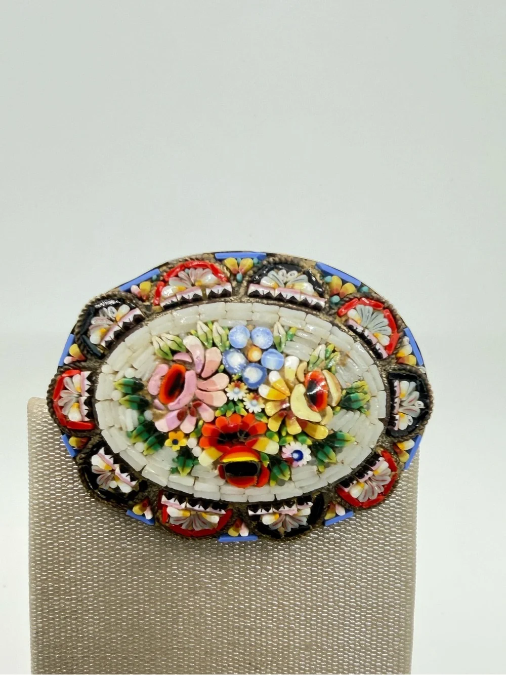 Vintage Italian Micro Mosaic Floral Brooch Oval Glass Tesserae C-Clasp Pin